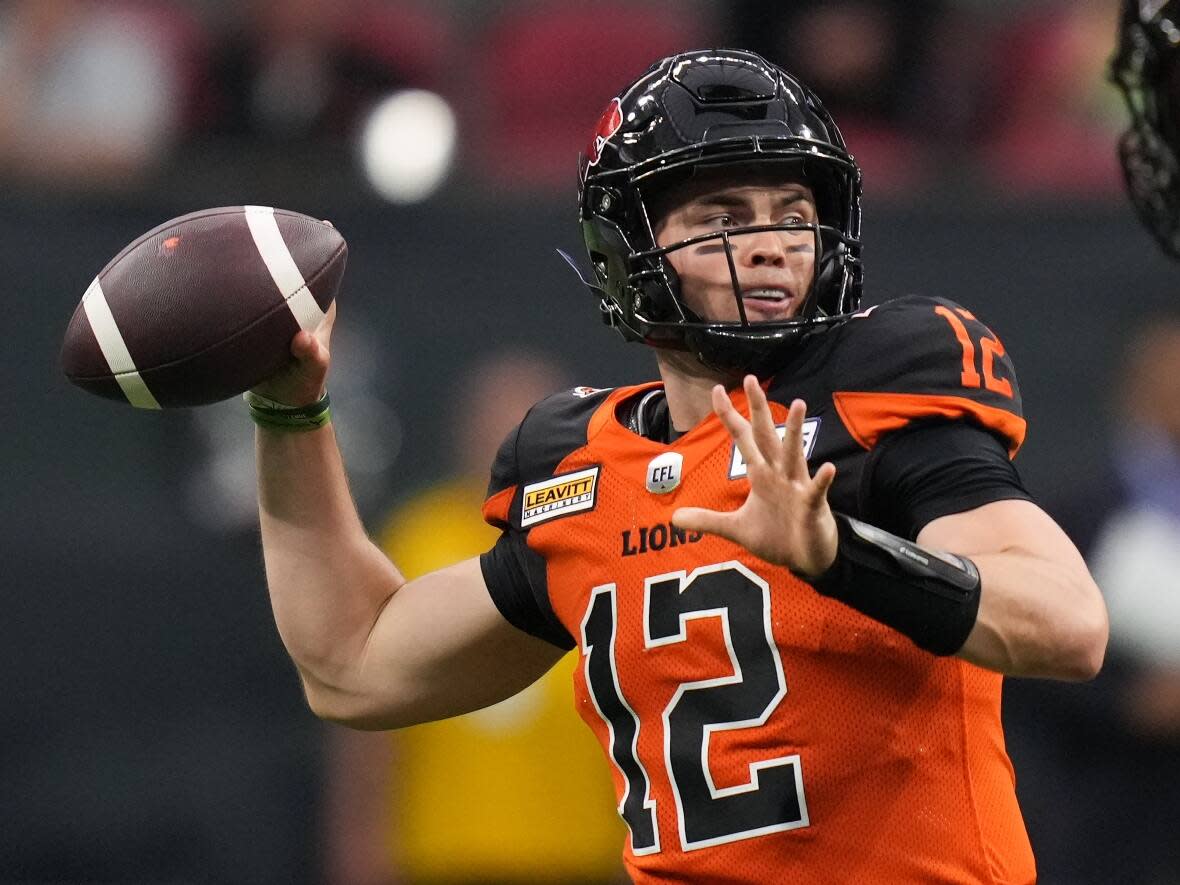 B.C. Lions quarterback Nathan Rourke earned the CFL's Most Outstanding Canadian award for the 2022 season, despite appearing in only 10 games due to an injury. Now he'll be heading to work out with teams in the U.S., hoping to earn an invite to an NFL training camp. (Darryl Dyck/The Canadian Press - image credit)