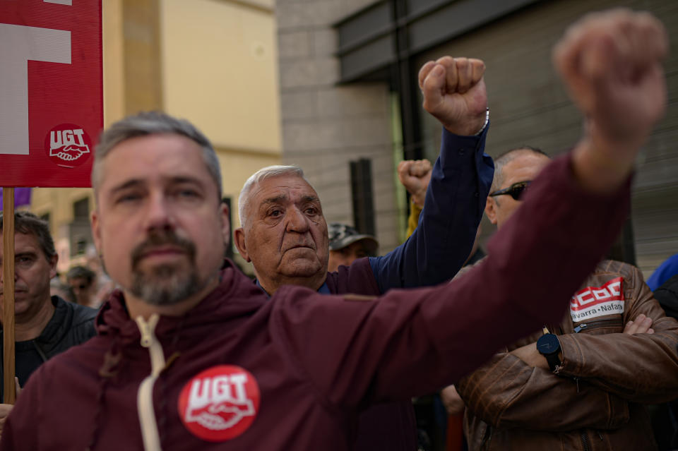 Trades unionists take part in a May Day rally in Pamplona, northern Spain, Monday, May 1, 2023. (AP Photo/Alvaro Barrientos)