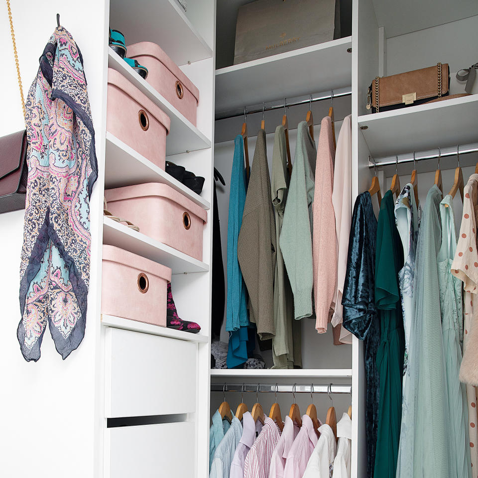 Inside wardrobe with drawers, shelves and hangers