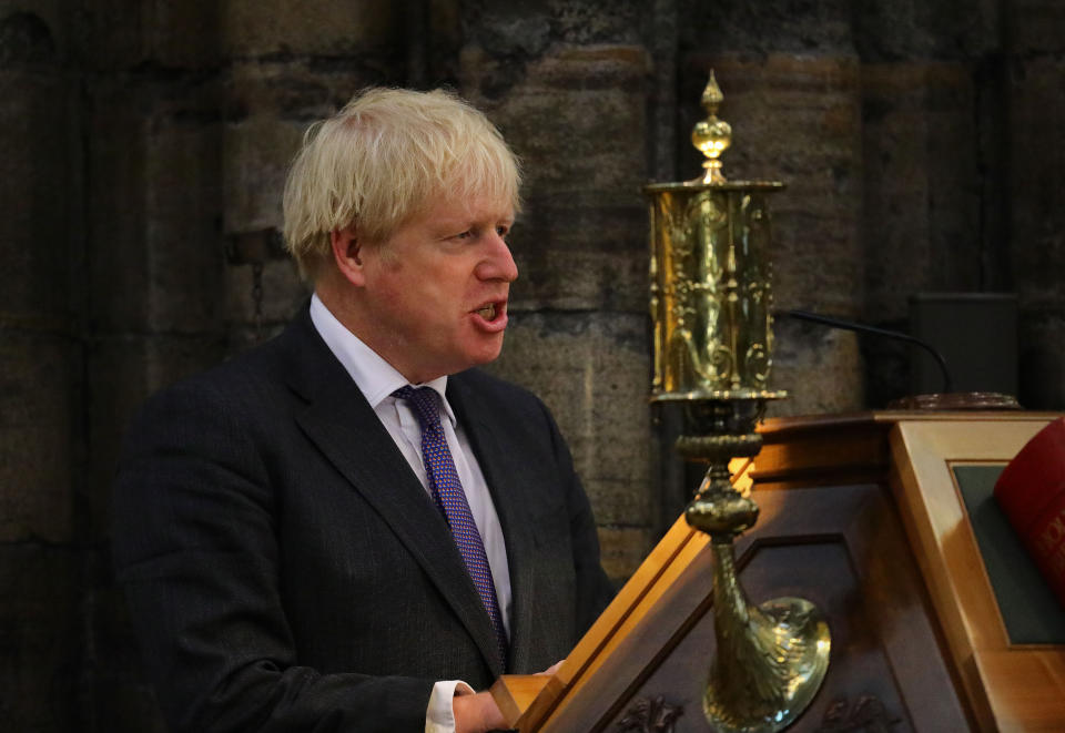 Prime Minister Boris Johnson speaking during a service to mark the 80th anniversary of the Battle of Britain at Westminster Abbey, London.