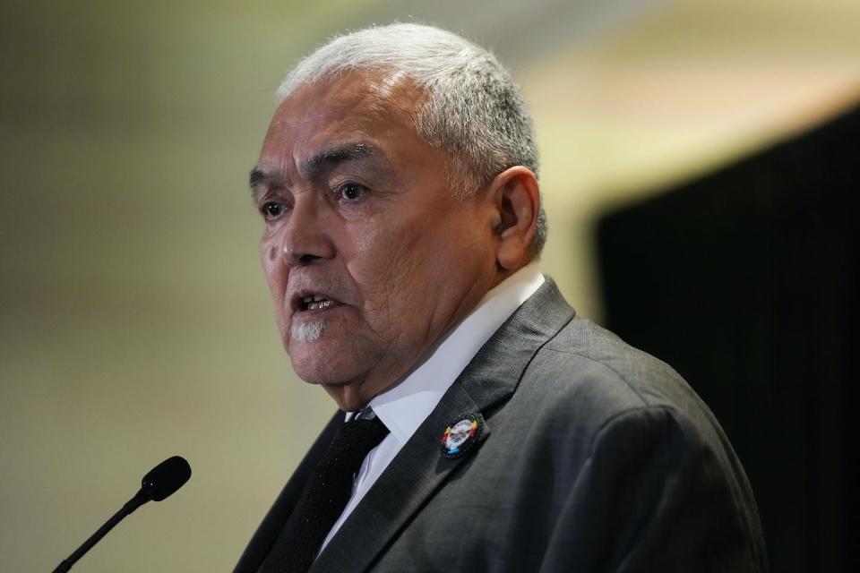 shíshálh Nation hiwus (Chief) Warren Paull speaks during the news conference in Vancouver on Jan. 21, 2023. Agency is essential given the history of unjust government control over matters that affect Indigenous communities. THE CANADIAN PRESS/Darryl Dyck