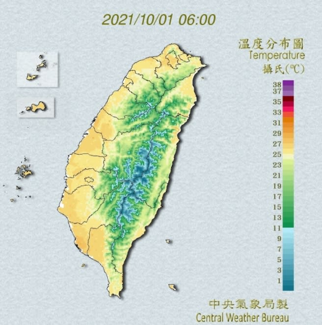 今（1）日溫度分布圖。（圖／翻攝自中央氣象局）