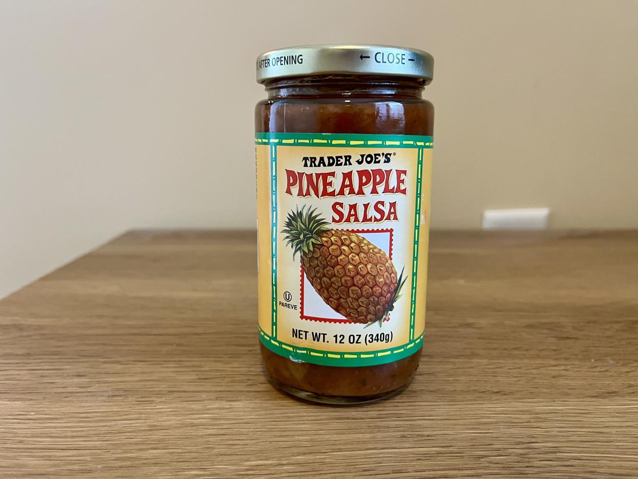 a jar of pineapple salsa from trader joes