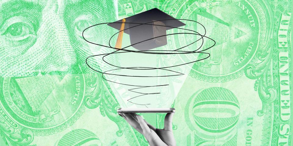 a hand holding a bright phone with a cyclone coming out containing a graduation cap, against a green background made up of collaged close-ups of a 100 dollar bill