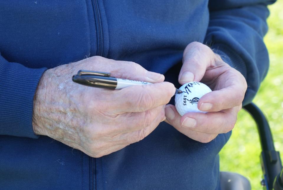 Wayne, NJ - May 6, 2023 - North Jersey Country Club celebrated it's 100th anniversary by having long time club member, 100 year old Al Kachadurian tee off to open the new season. Here is Kachadurian signs the ball hit chipped to open the season.