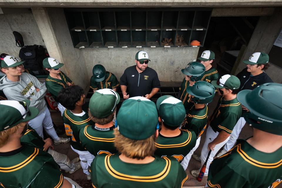 Tantasqua baseball coach Jon Leroux talks to the team before facing St. Mary's.