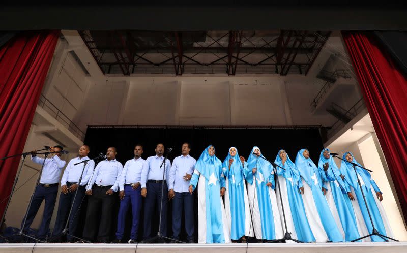 A choir sings inside a renovated Somalia's National Theatre in Mogadishu