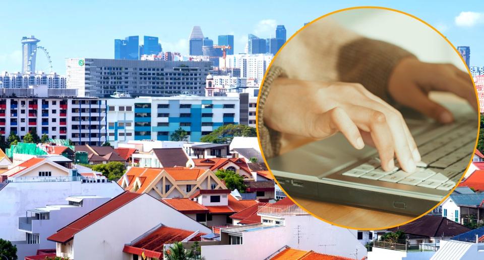 Image of private housing with Singapore CBD buildings in the background with a circle inset of someone typing on the computer, to illustrate a story on IRAS rewarding whistleblowers on '99-to-1' loophole to evade ABSD. (PHOTO: Getty)