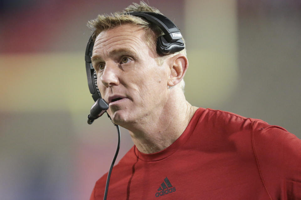 MOBILE, AL - NOVEMBER 29: Arkansas State Red Wolves head coach Blake Anderson watches his team during the South Alabama versus Arkansas State game on November 29, 2019, at Ladd-Peebles Stadium, Mobile, AL.(Photo by Bobby McDuffie/Icon Sportswire via Getty Images)