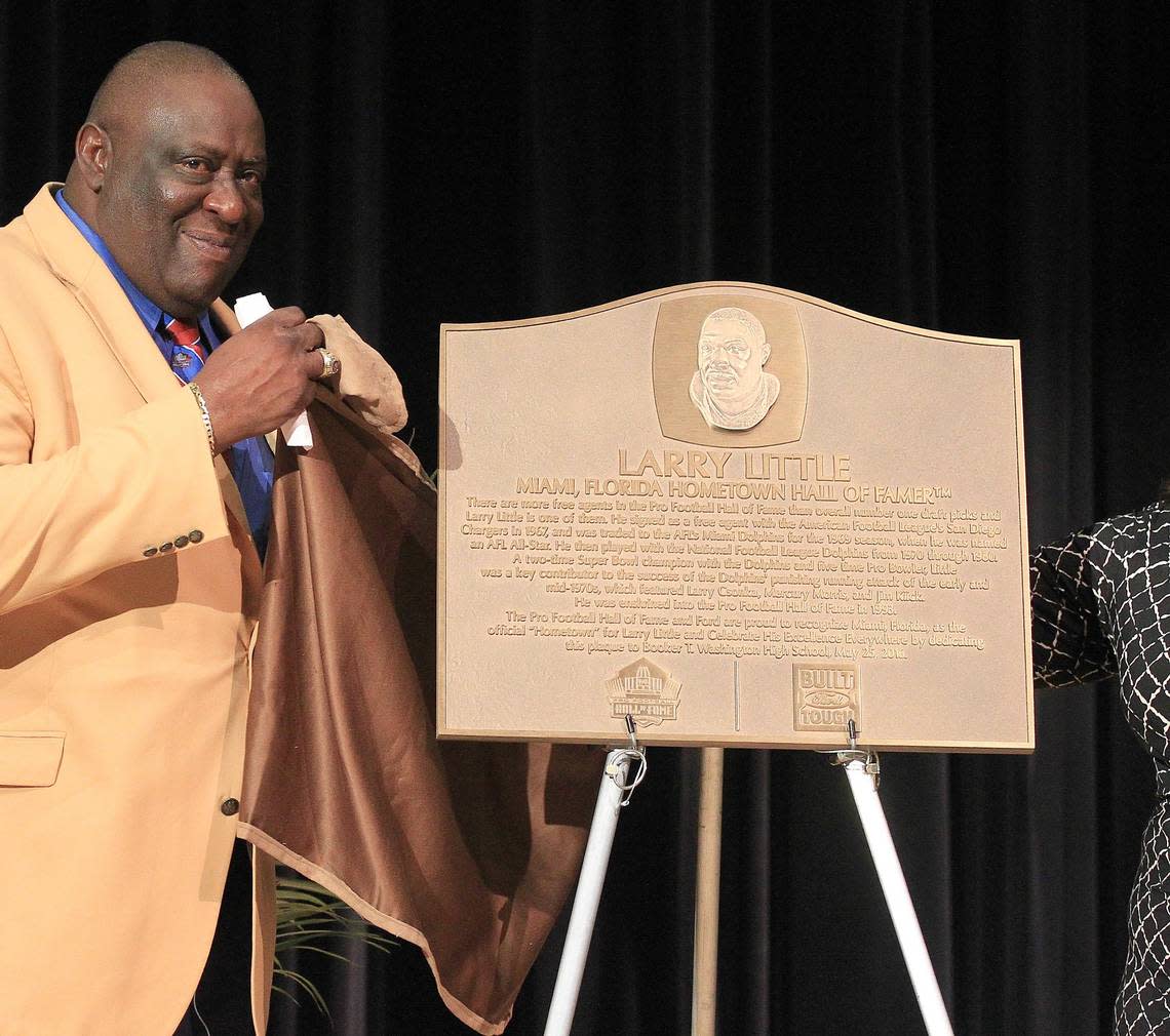 Larry Little looks toward the audience after unveiling his plaque at Booker T. Washington High School. The Pro Football Hall of Fame and Ford Motor Company paid tribute to the former Miami Dolphins great at his alma mater, Booker T. Washington High School on Wednesday, May 25th, 2016. Little was honored as part of the Hometown Hall of Famer program.