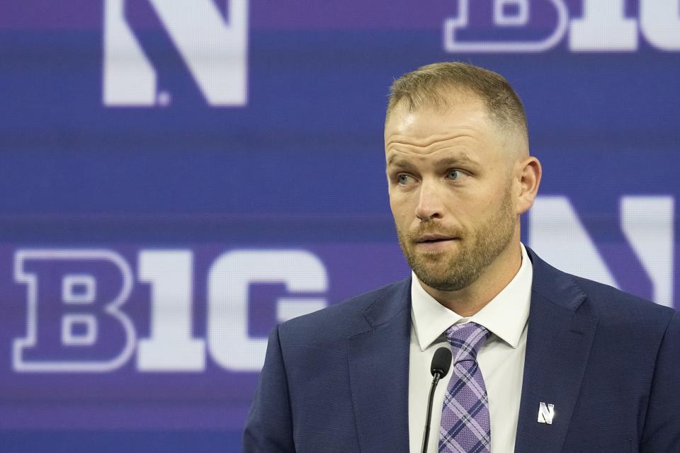 Northwestern interim head coach David Braun speaks during an NCAA college football news conference at the Big Ten Conference media days at Lucas Oil Stadium, Wednesday, July 26, 2023, in Indianapolis. (AP Photo/Darron Cummings)