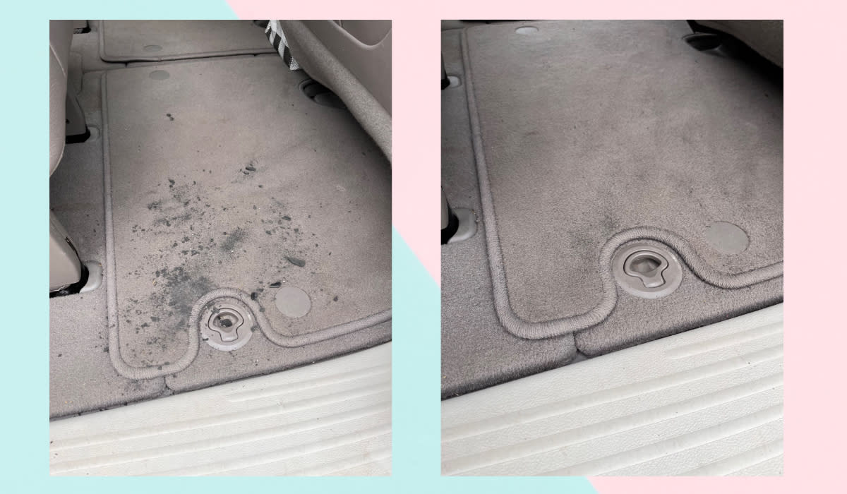 The lefthand photo shows dirt spilled on a floor mat. The righthand one shows the mostly spotless mat after using the vac.
