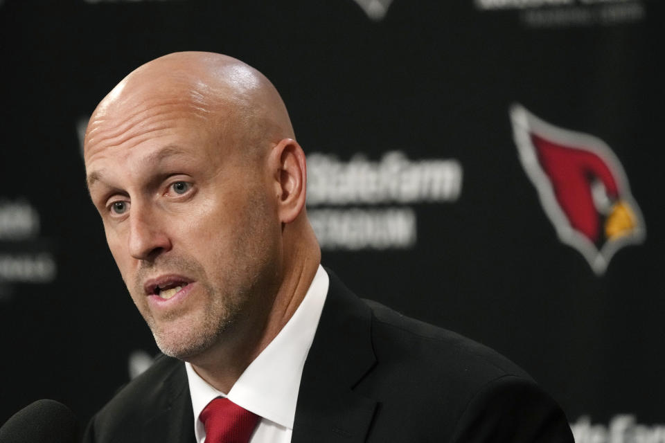 Monti Ossenfort, new general manager of the Arizona Cardinals NFL football team, speaks during a news conference in Tempe, Ariz., Tuesday, Jan. 17, 2023. (AP Photo/Ross D. Franklin)