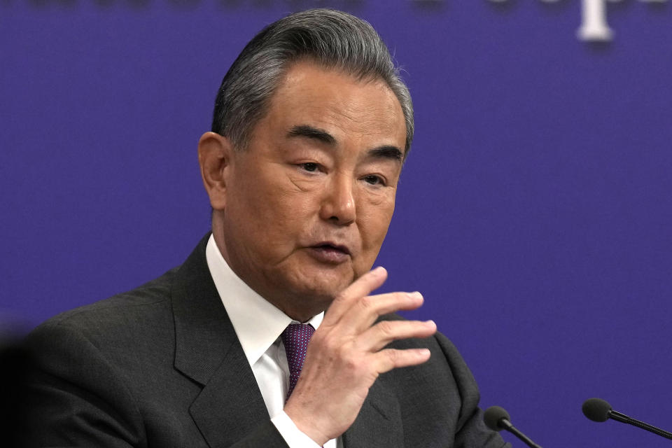 Chinese Foreign Minister Wang Yi speaks during a press conference on the sideline of the National People's Congress in Beijing, Thursday, March 7, 2024. (AP Photo/Ng Han Guan)