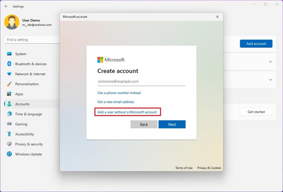 Add a user without a Microsoft account