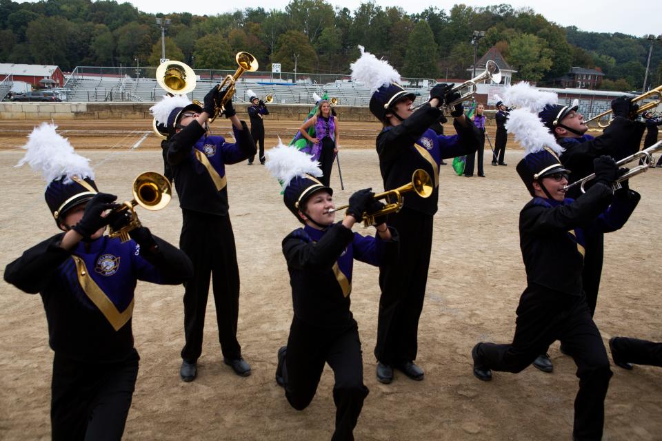 Fairfield county high school marching bands performed for the crowd in the grandstand during the Parade of Bands at the Fairfield County Fair in Lancaster, Ohio on October 14, 2021.