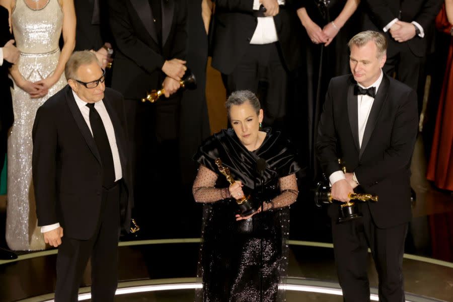 HOLLYWOOD, CALIFORNIA – MARCH 10: (L-R) Charles Roven, Emma Thomas and Christopher Nolan accept the Best Picture award for “Oppenheimer” onstage during the 96th Annual Academy Awards at Dolby Theatre on March 10, 2024 in Hollywood, California. (Photo by Kevin Winter/Getty Images)