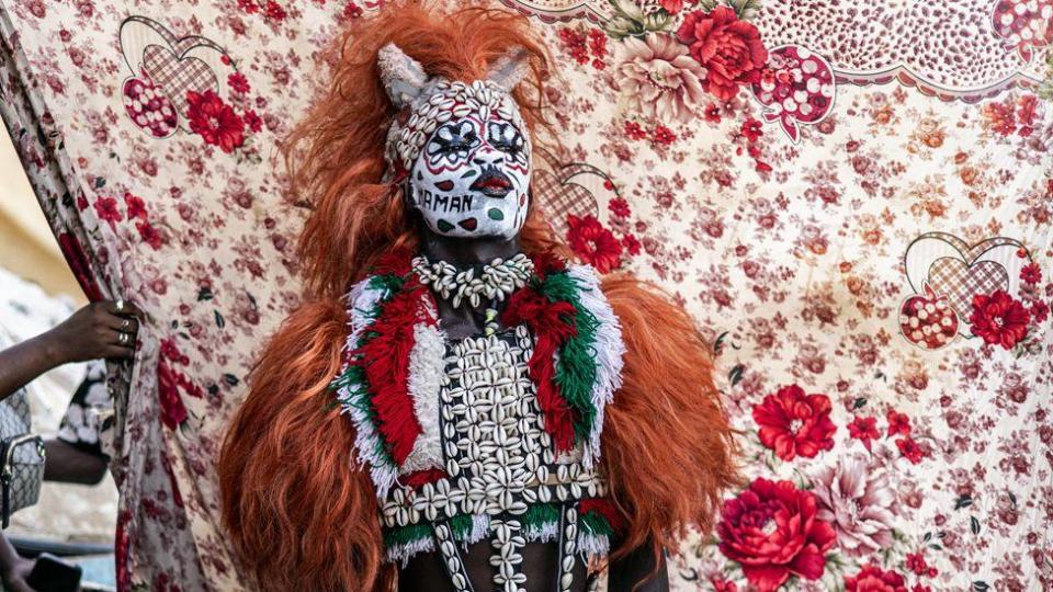 Someone dressed in a traditional costume for Senegal's famous Fake Lion Show at a cultural event on Ngor Beach in Dakar – Wednesday, June 5, 2024