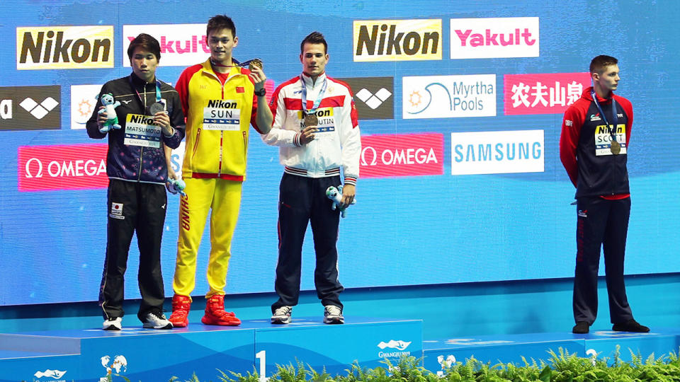 Duncan Scott (far right) also refused to pose for photos with Sun Yang after the 200m. (Photo by Catherine Ivill/Getty Images)