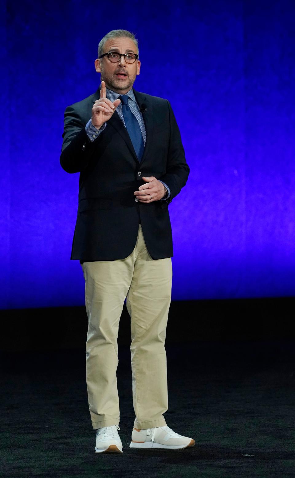 Steve Carell, a voice cast member in the upcoming animated film "Minions: The Rise of Gru," discusses the film during the Universal Pictures and Focus Features presentation at CinemaCon 2022 at Caesars Palace, Wednesday, April 27, 2022, in Las Vegas. (AP Photo/Chris Pizzello) ORG XMIT: CACP132
