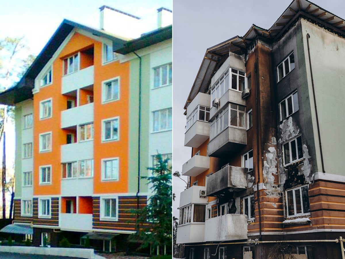 Views of Olena’s building before (left) and after (right) the Russian attack (Supplied)