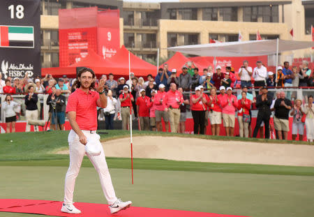 Golf - European Tour - Abu Dhabi HSBC Championship - Abu Dhabi Golf Club, Abu Dhabi, UAE - January 21, 2018 - England's Tommy Fleetwood reacts after winning. REUTERS/Satish Kumar