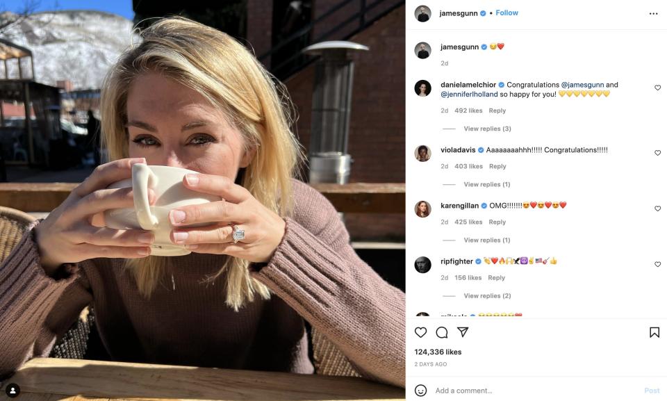 Jennifer Holland wears an engagement ring in a photo posted by James Gunn.