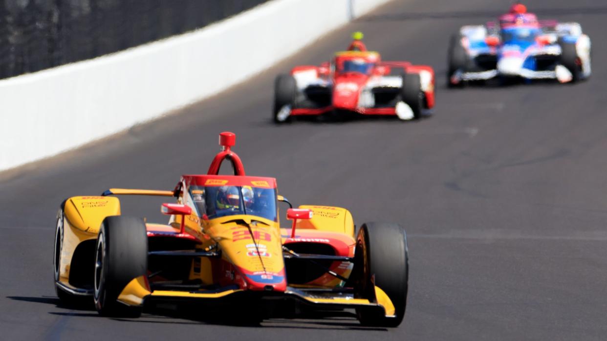  Roman Grosjean, driver of the #28 DHL Honda, drives during practice at Carb Day for the 107th Indianapolis 500 at Indianapolis Motor Speedway on May 26, 2023 in Indianapolis, Indiana 