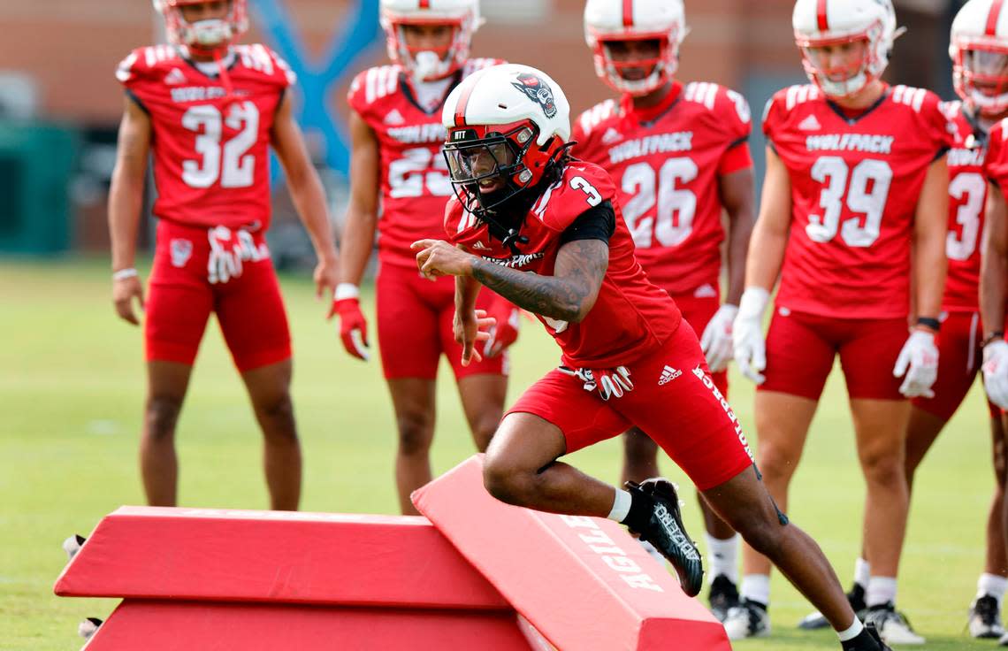 N.C. State cornerback Aydan White (3) runs a drill during the Wolfpack’s first fall practice in Raleigh, N.C., Wednesday, August 2, 2023. Ethan Hyman/ehyman@newsobserver.com