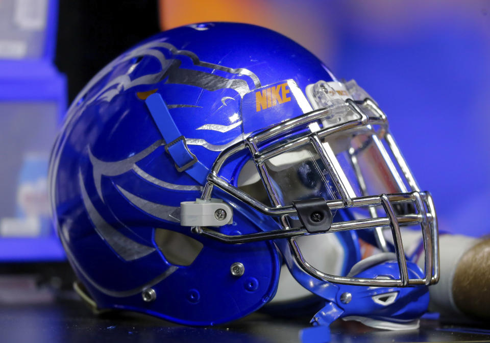 Boise State helmet in the second half of an NCAA college football game against Connecticut, Saturday, Sept. 8, 2018, in Boise, Idaho. Boise State won 62-7. (AP Photo/Steve Conner)