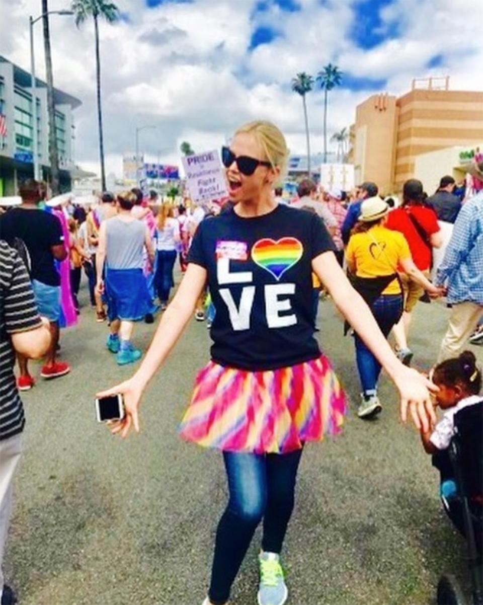 The actress stopped mid-parade to pose for a photo in her Pride-themed outfit, while out during L.A. Pride.