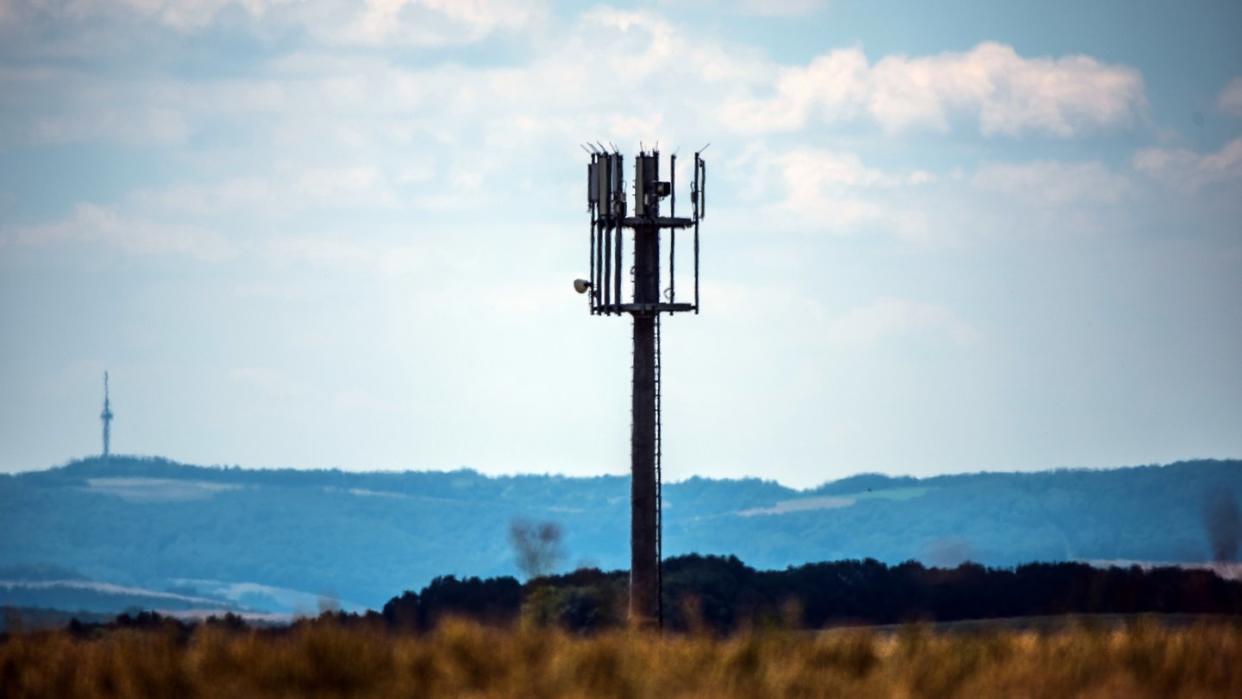 Ein Mobilfunkmast auf einer Anhöhe in Rheinland-Pfalz.