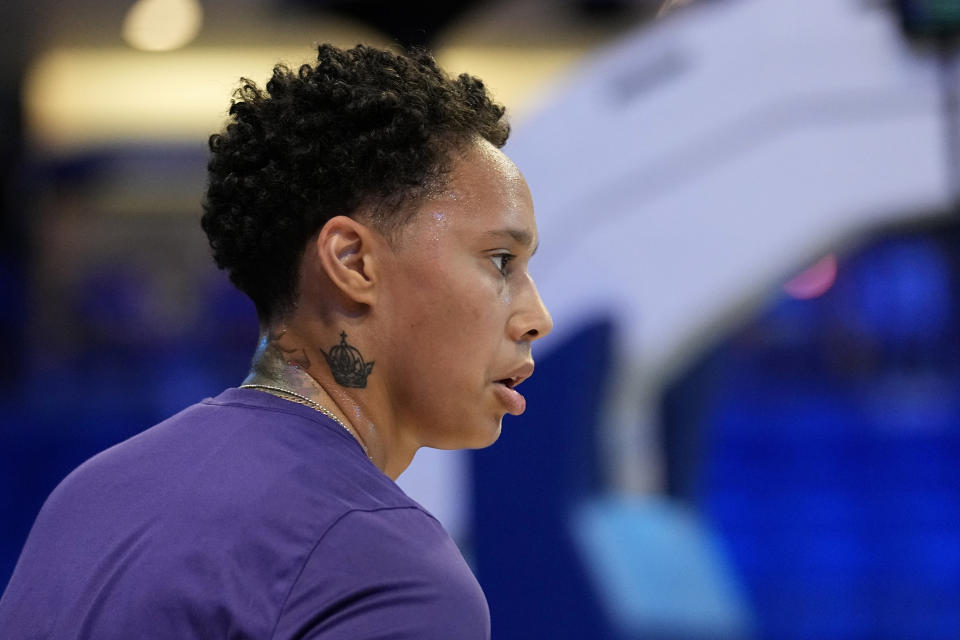 Phoenix Mercury's Brittney Griner prepares for the team's WNBA basketball game against the Dallas Wings, Wednesday, June 7, 2023, in Arlington, Texas. (AP Photo/Tony Gutierrez)