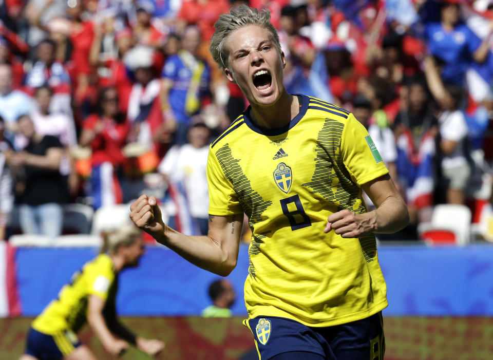 Sweden's Lina Hurtig celebrates after scoring her side's fourth goal during the Women's World Cup Group F soccer match between Sweden and Thailand at the Stade de Nice in Nice, France, Sunday, June 16, 2019. (AP Photo/Claude Paris)