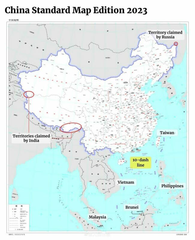 中國 8 月 28 日公布的新標準地圖，引起東南亞各國與印度不滿。   圖：擷取自「X」（原推特）@JohnZhangSV