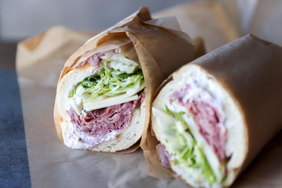 The roast beef sandwich includes Swiss cheese, Duke's mayo, horseradish sauce, shredded lettuce, dill pickle and red onion at Bearwolf Catering and PNW Deli in Salem, Ore.