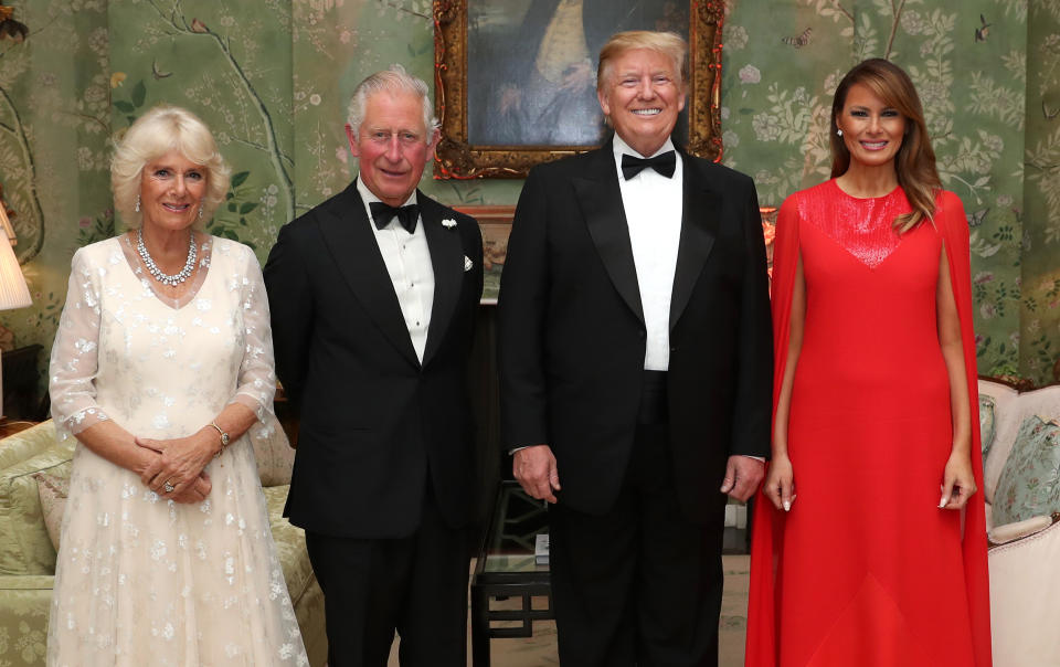 The Prince of Wales and the Duchess of Cornwall with US President Donald Trump and his wife Melania at Winfield House, the residence of the Ambassador of the United States of America to the UK, in Regent's Park, London, for the Return Dinner as part of his state visit to the UK.