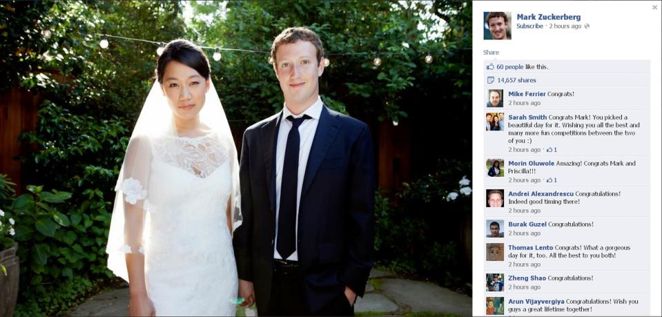 Facebook co-founder and CEO Zuckerberg and Priscilla Chan are seen in this screengrab of a wedding photo posted on Zuckerberg's Facebook page