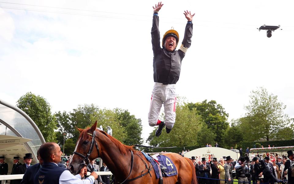 Frankie Dettori celebrates winning the Gold Cup in 2019  with Stradivarius