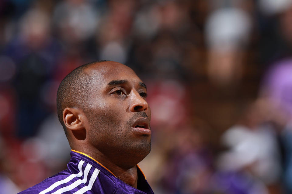 Kobe Bryant #24 of the Los Angeles Lakers looks on against the Sacramento Kings on April 13, 2011 at Power Balence Pavilion in Sacramento, California.  NOTE TO USER: User expressly acknowledges and agrees that, by downloading and/or using this Photograph, user is consenting to the terms and conditions of the Getty Images License Agreement  (Photo by Jed Jacobsohn/Getty Images)