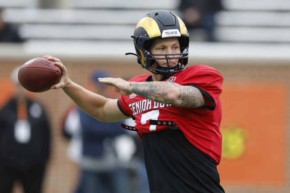 American quarterback Tyson Bagent of Shepherd throws a pass during practice for the Senior Bowl NCAA college football game, Thursday, Feb. 2, 2023, in Mobile, Ala.. (AP Photo/Butch Dill)