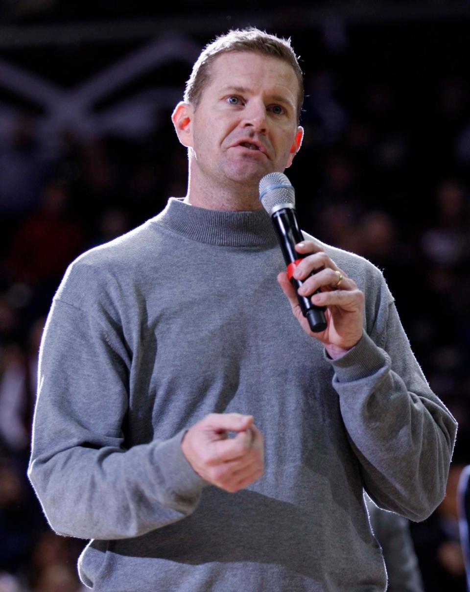 An emotional Jay Spoonhour addressed the crowd at halftime during the Missouri State game against the Eastern Illinois Panthers at JQH Arena on November 14, 2014.