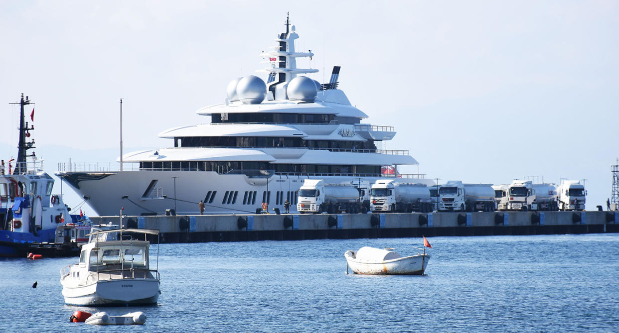  The 106m-long super luxury motor yacht Amadea, owned by Suleiman Kerimov, is seen after anchored at pier in Pasatarlasi, Turkey in February.