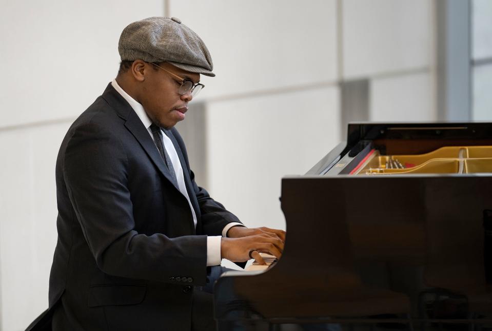 Isaiah J. Thompson is one finalist in the 2023 American Pianists Awards who will compete in the finals in Indianapolis in April. Pictured, Thompson warms up to perform at Eskenazi Hospital on Thursday, Feb. 23, 2023, in Indianapolis. 