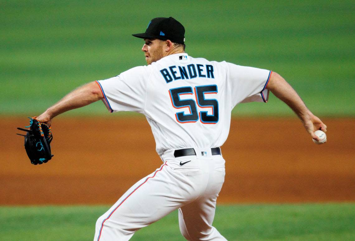 Miami Marlins relief pitcher Anthony Bender (55) pitches during the ninth inning of the baseball game against the Arizona Diamondbacks at LoanDepot Park on Wednesday, May 4, 2022 in Miami, Florida.