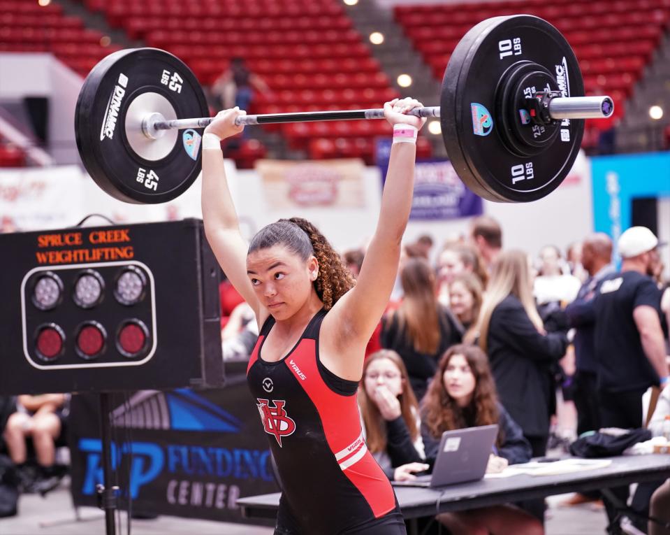 Vero Beach's Jada Mosley competes in the clean-and-jerk as part of the Olympic lifts portion of the FHSAA Girls Weightlifting Championships that took place on Saturday, Feb. 18, 2023 at the RP Funding Center in Lakeland.