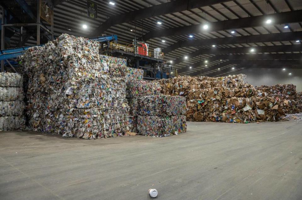 Bales of recycled materials are seen at the GFL Materials Recovery Facility on Tuesday, March 28, 2023, in Harrisonville, Mo.