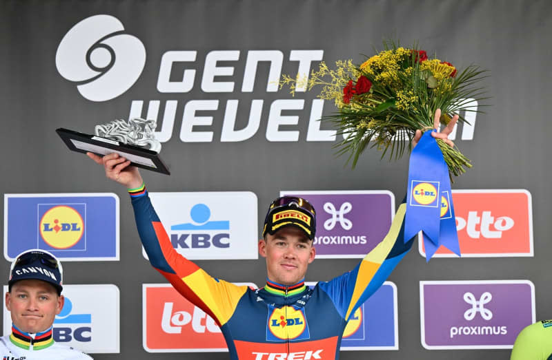 Danish cyclist Mads Pedersen of Lidl-Trek celebrates winning the men's Gent-Wevelgem - In Flanders Fields cycling race, 253.1 km from Ieper to Wevelgem. Eric Lalmand/belga/dpa