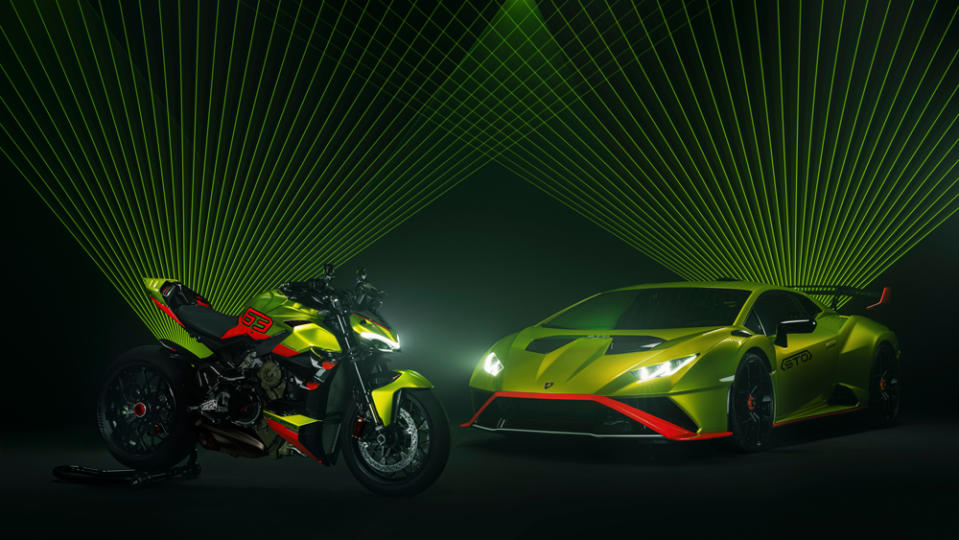 Ducati’s 208 hp Streetfighter V4 Lamborghini and the 631 hp Lamborghini Huracán STO that inspired it. - Credit: Ducati Motor Holding S.p.A.