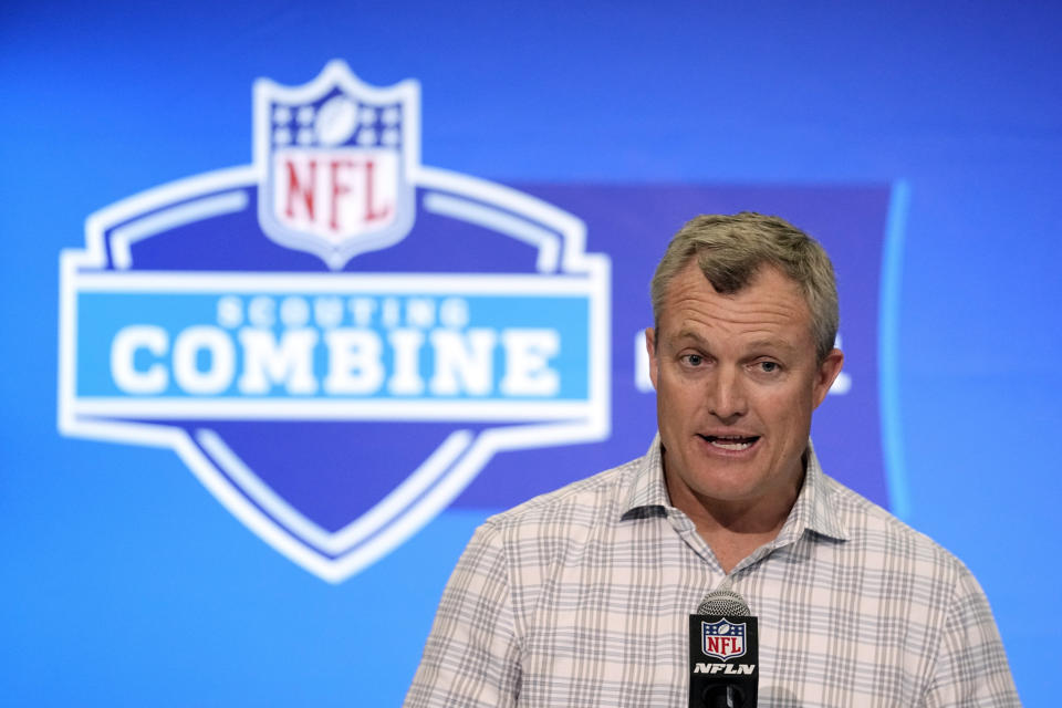 San Francisco 49ers general manager John Lynch speaks during a news conference at the NFL football scouting combine, Tuesday, Feb. 27, 2024, in Indianapolis. (AP Photo/Darron Cummings)